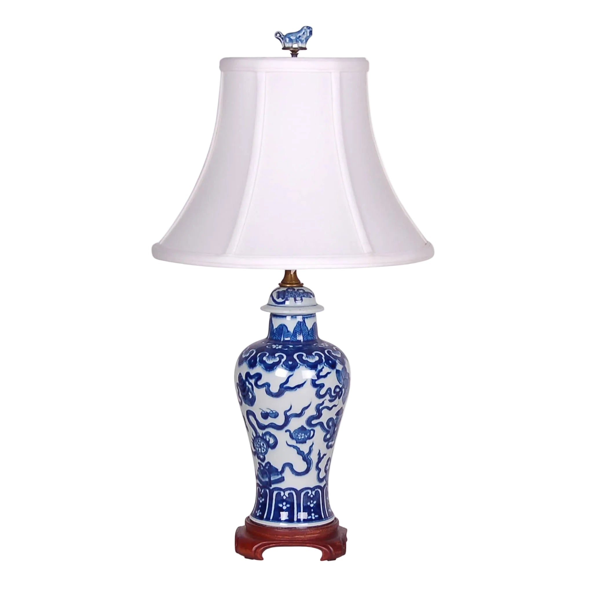 22″ Blue and White Eight Treasures Jar Lamp on Wood Base