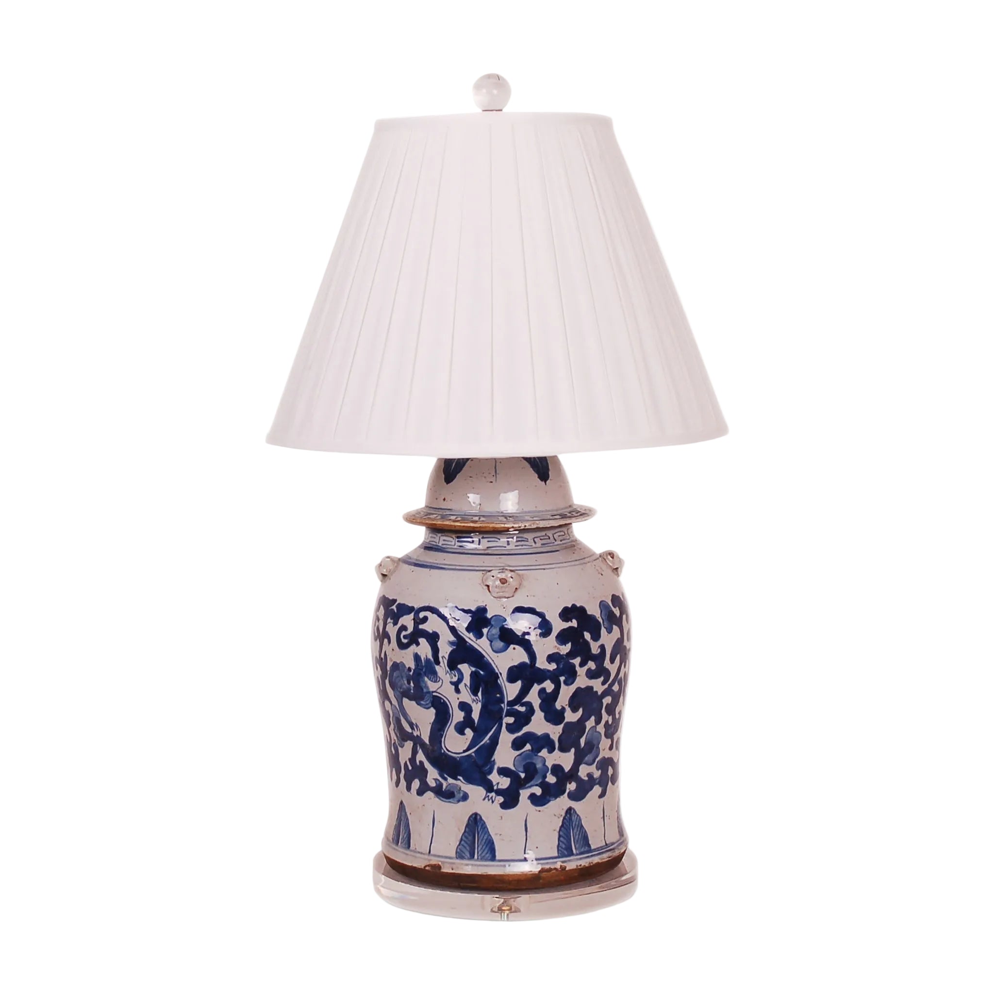 30β³ Foot-stomped Blue and White Dragon Ginger Jar Lamp on Acrylic Base, English Pleated Shade