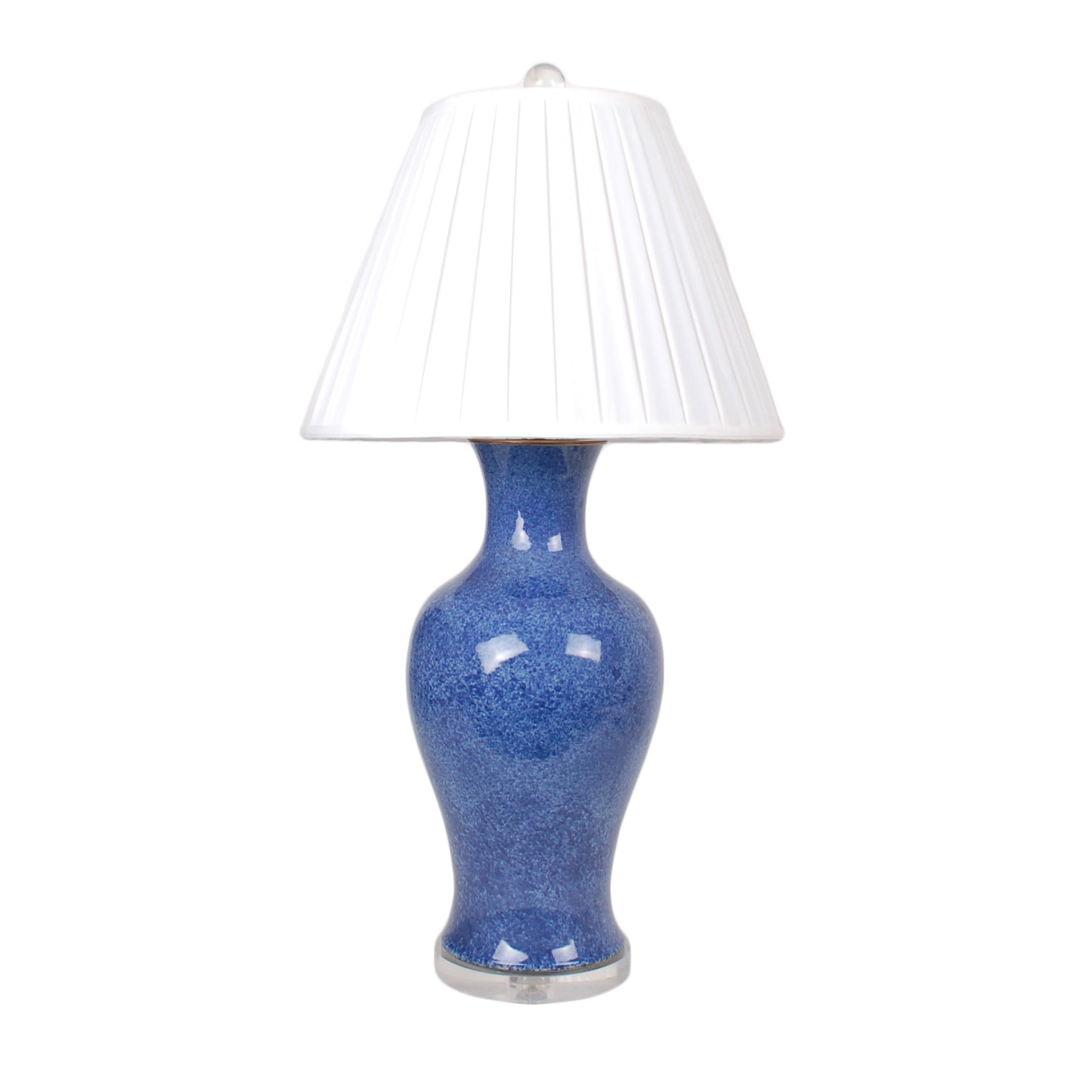 30″ Mottled Blue Guanyin Vase Lamp on Acrylic Base, English Pleated Shade