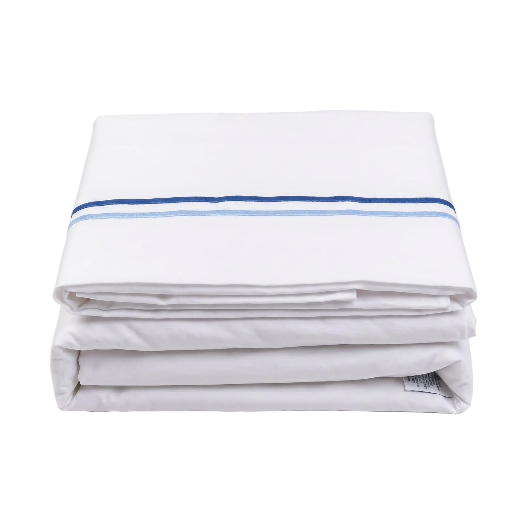 Folded gray bed sheet with blue stripes on a white background