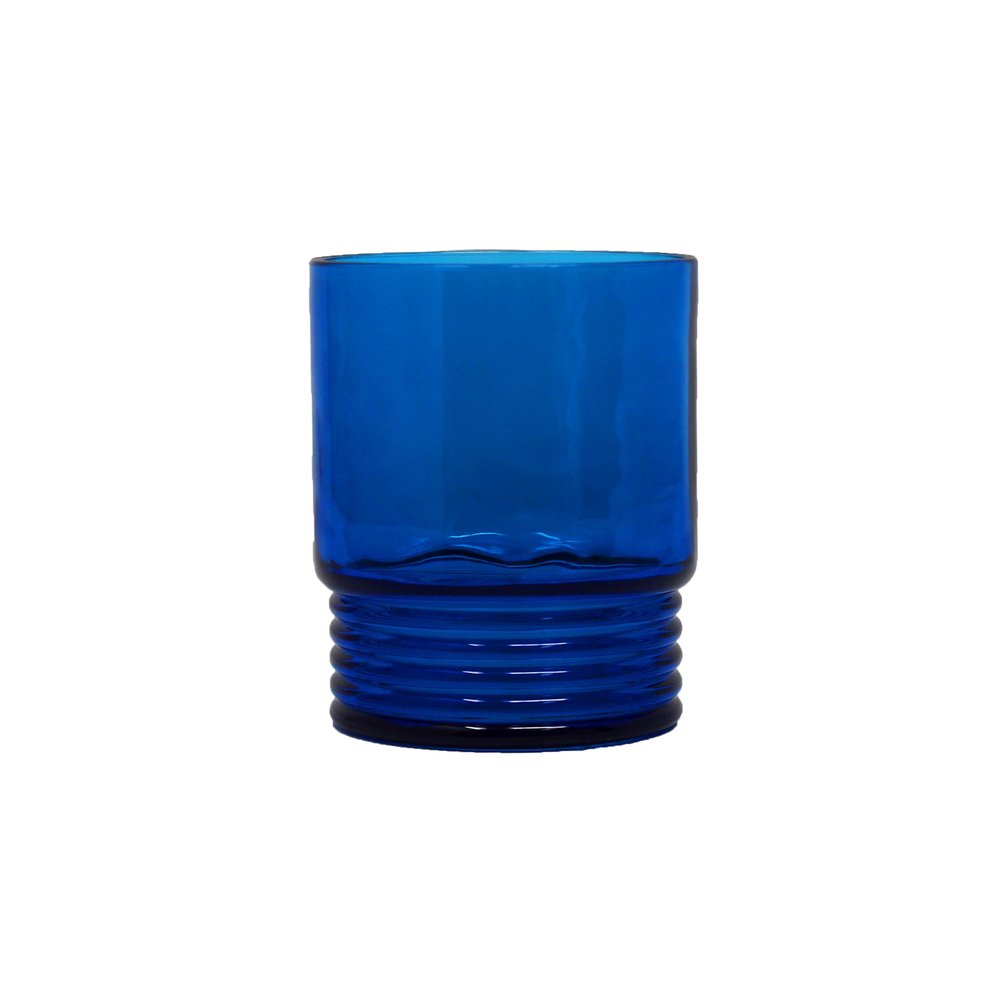 A blue small acrylic tumbler with a ribbed design on the exterior, on a white background.