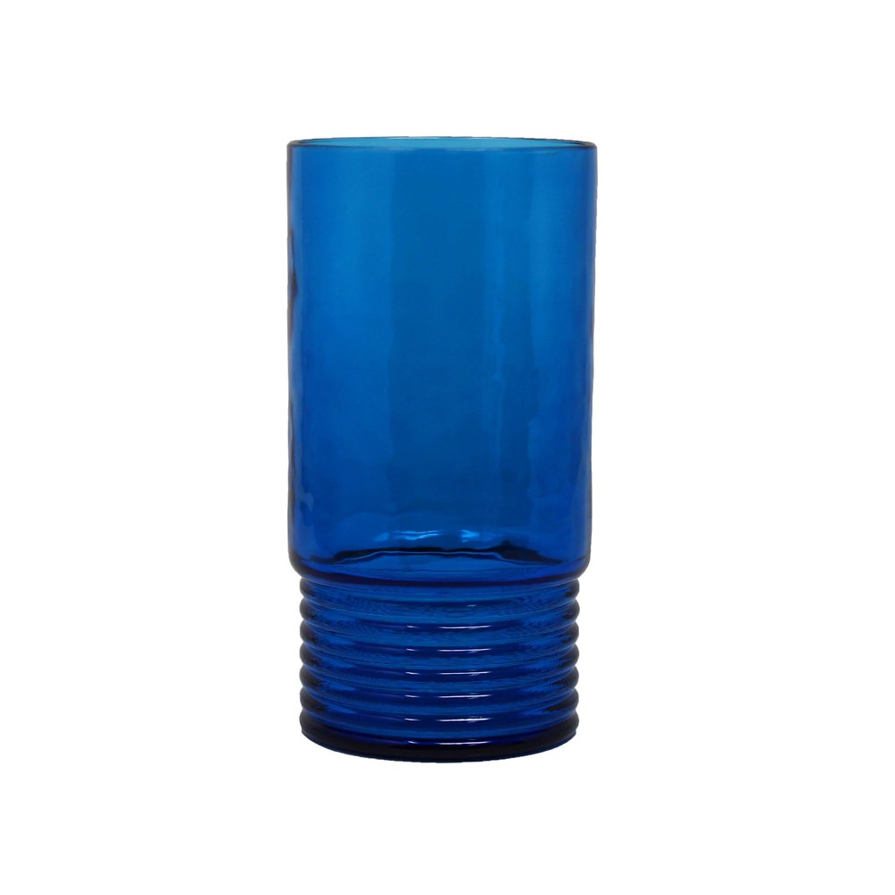 Blue acrylic glass with ribbed base on a white background