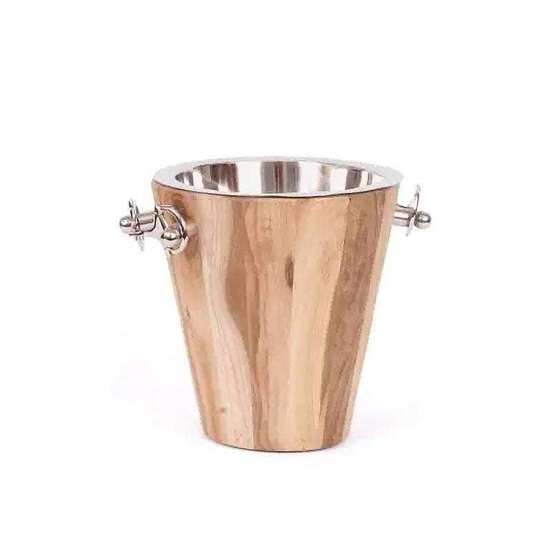 Wooden ice bucket with metal handles on a white background