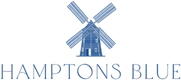 A blue windmill graphic above the words 'HAMPTONS BLUE' in blue serif lettering on a white background.