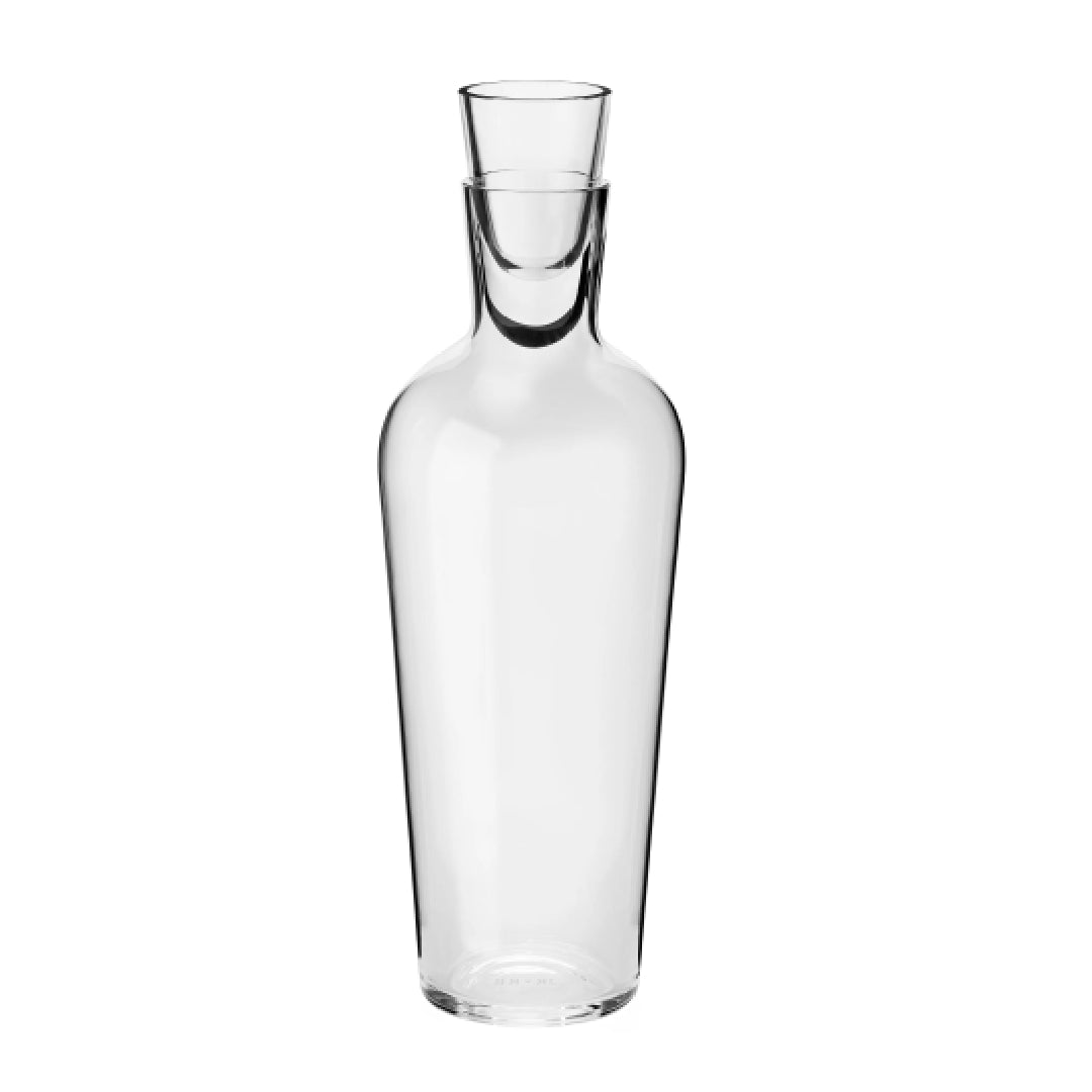 A clear glass wine decanter with a sleek design, featuring a narrow neck and a round body, with a stopper at the top on a white background.