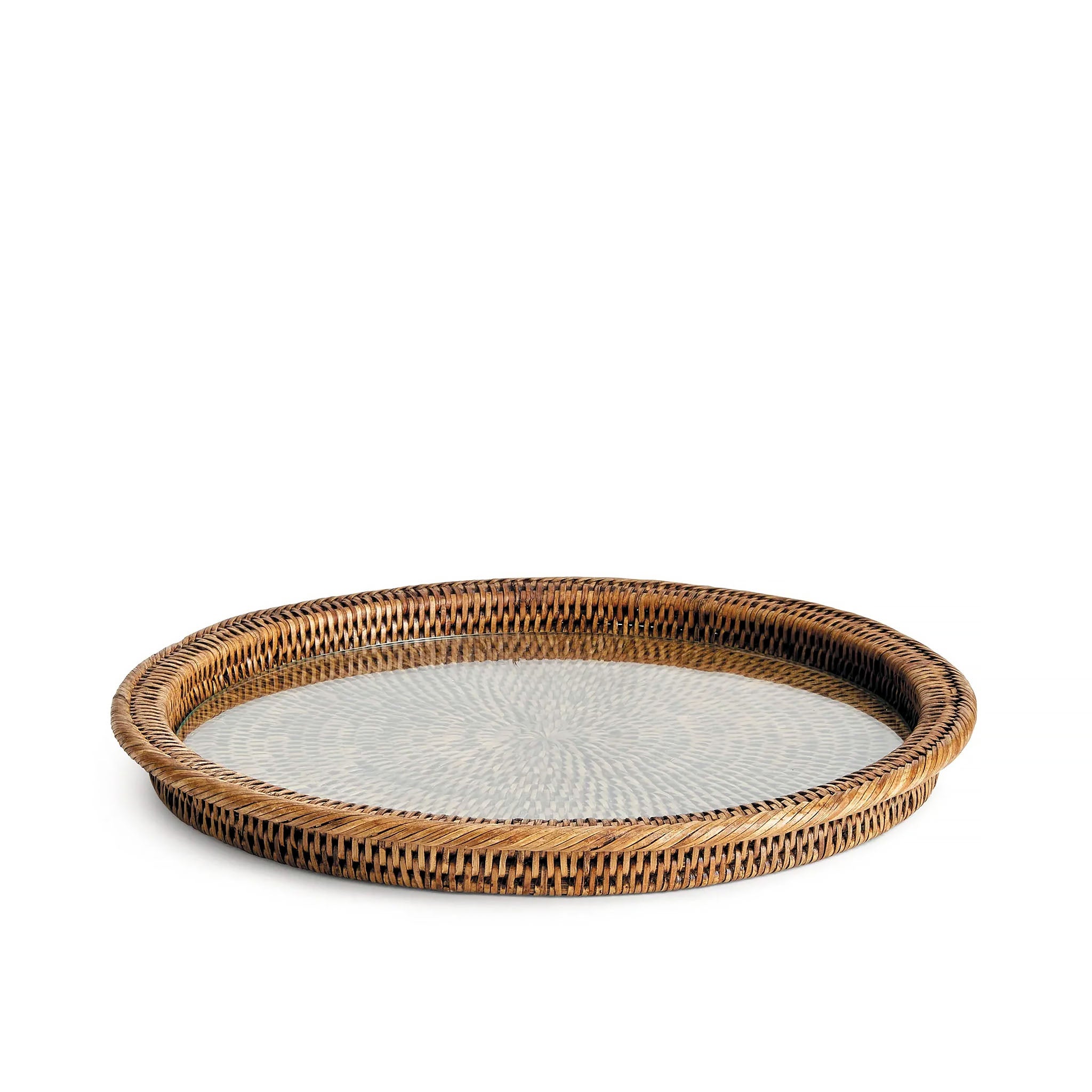 Woven rattan tray on a white background