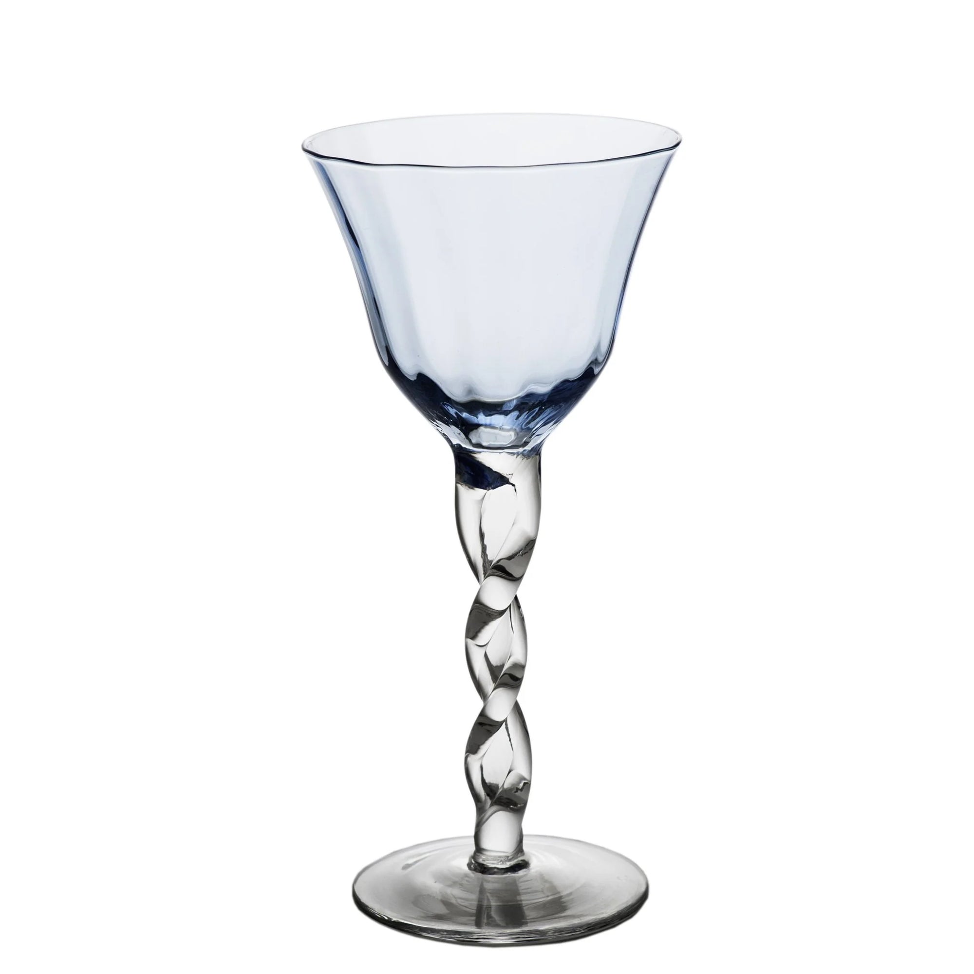 Clear glass wine glass with a twisted stem on a white background