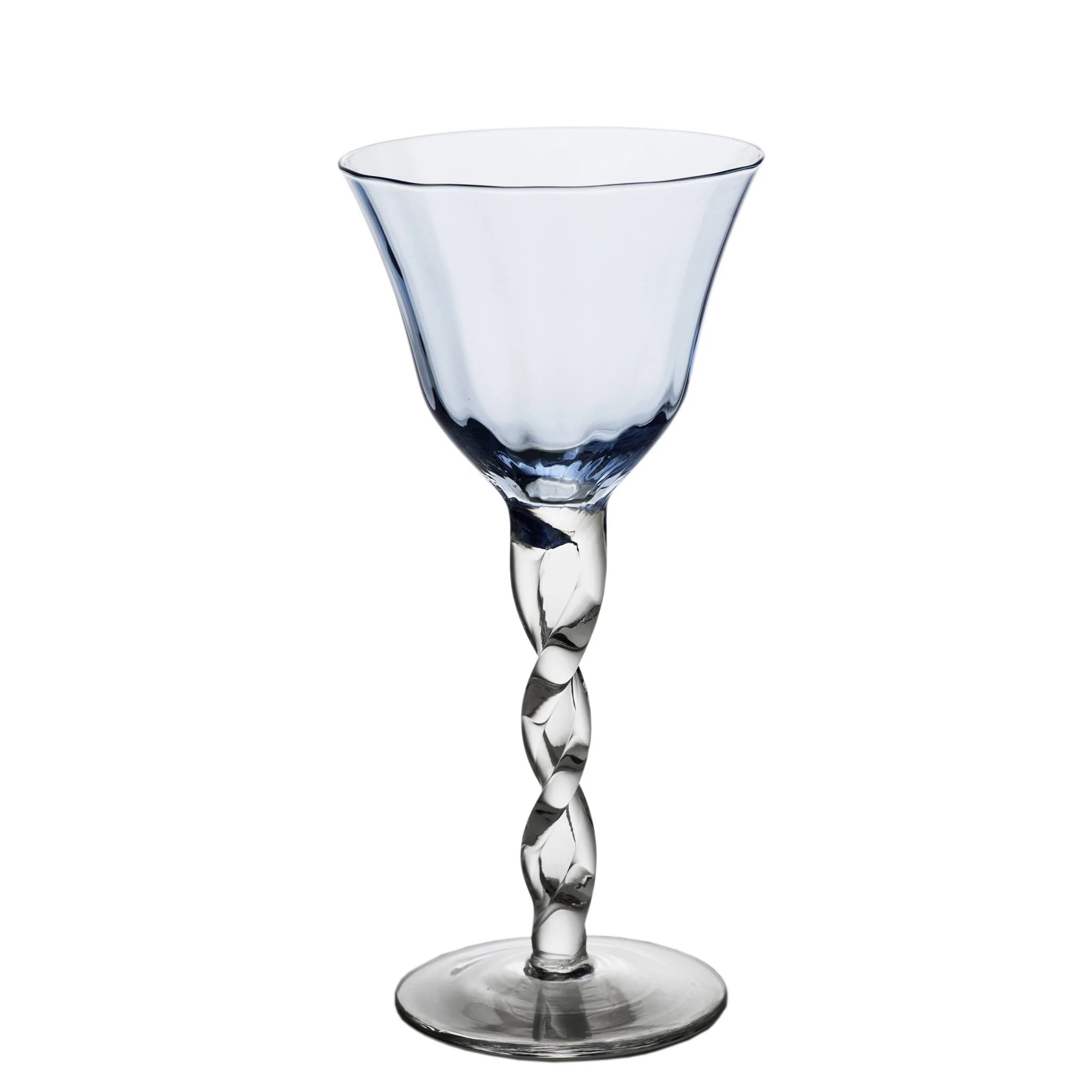 Clear glass wine glass with a twisted stem on a white background