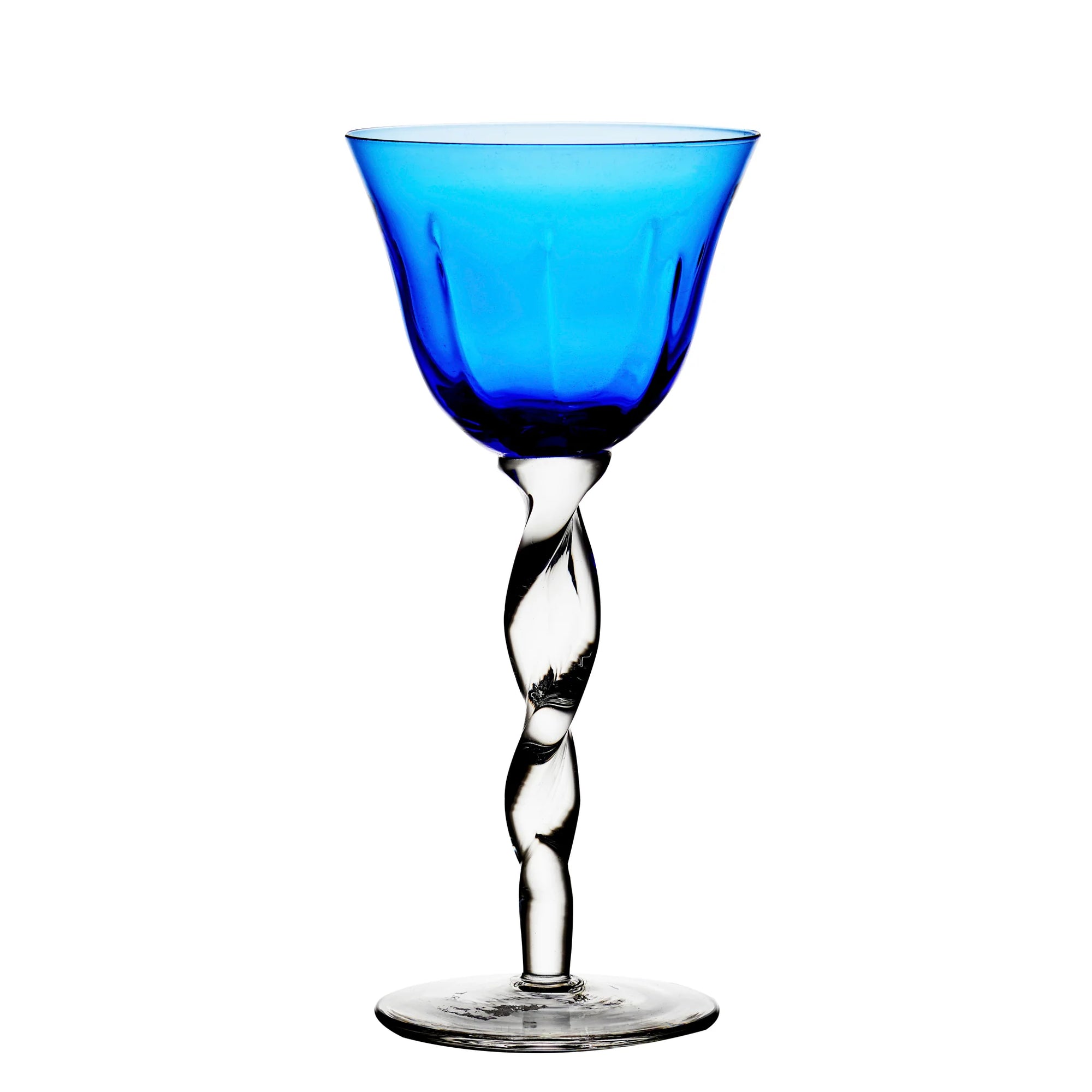 Blue glass goblet with a twisted stem on a white background