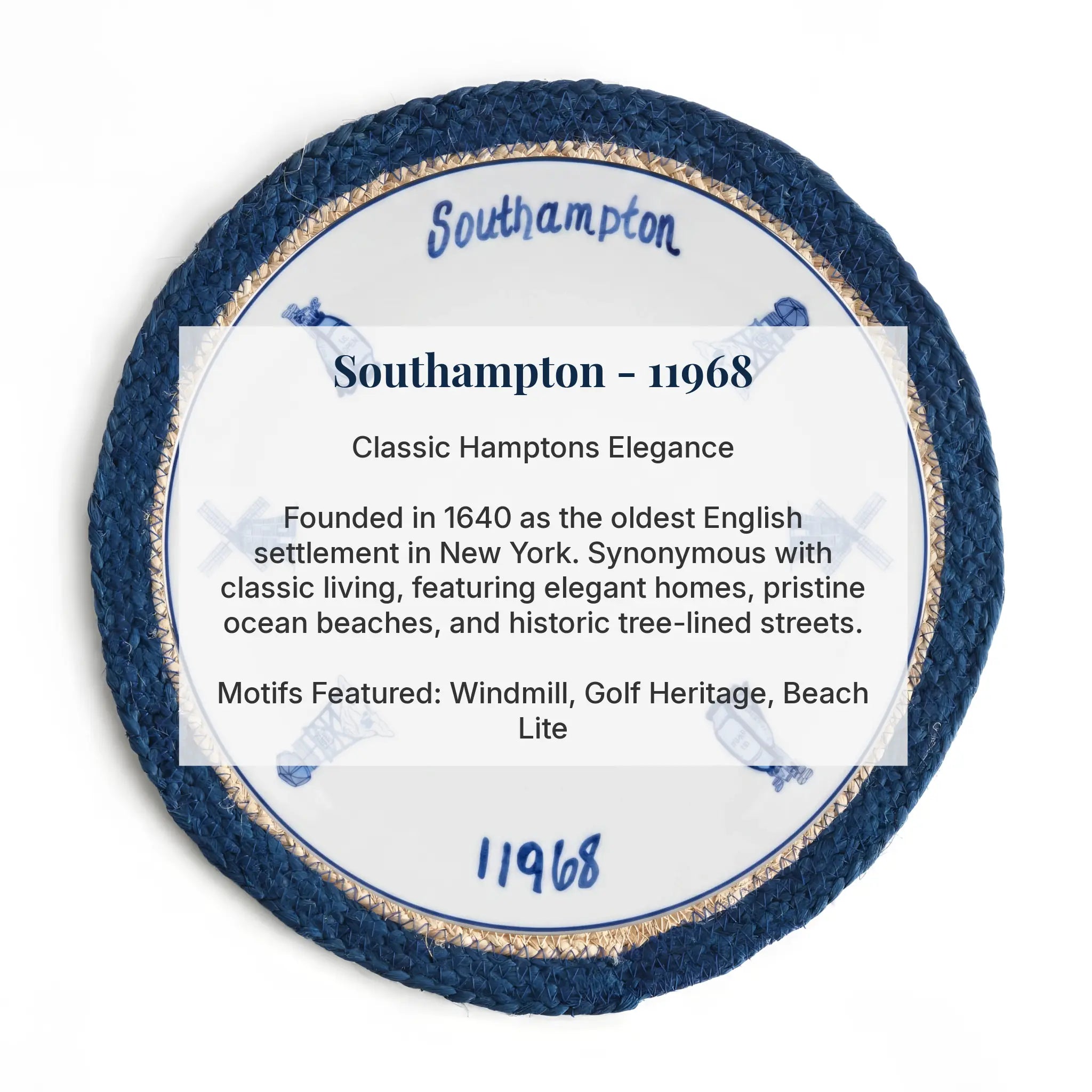 A circular decorative plaque or coaster featuring a blue and white Southampton design with a textured navy blue outer ring, a gold glitter inner ring, and a white center with printed text reading 'Southampton - 11968' and descriptive copy about Hampton Elegance.