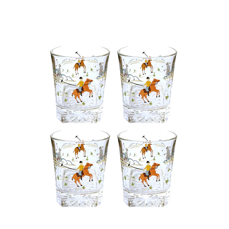 Set of 4 whiskey glasses decorated with polo players