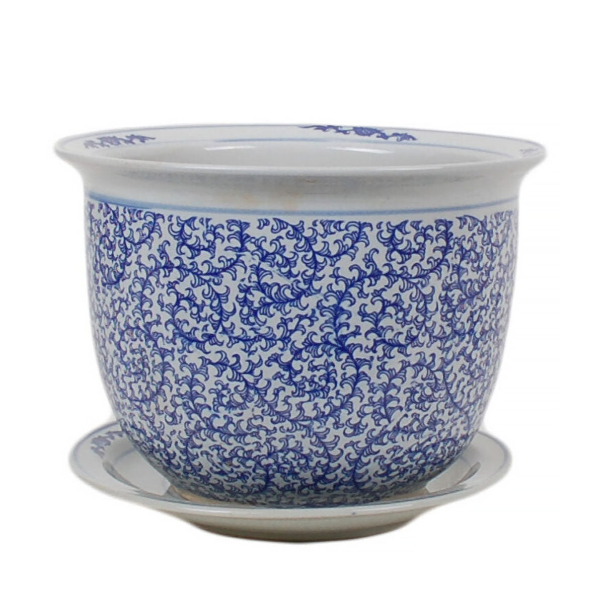 Ceramic planter with blue floral pattern on a white background