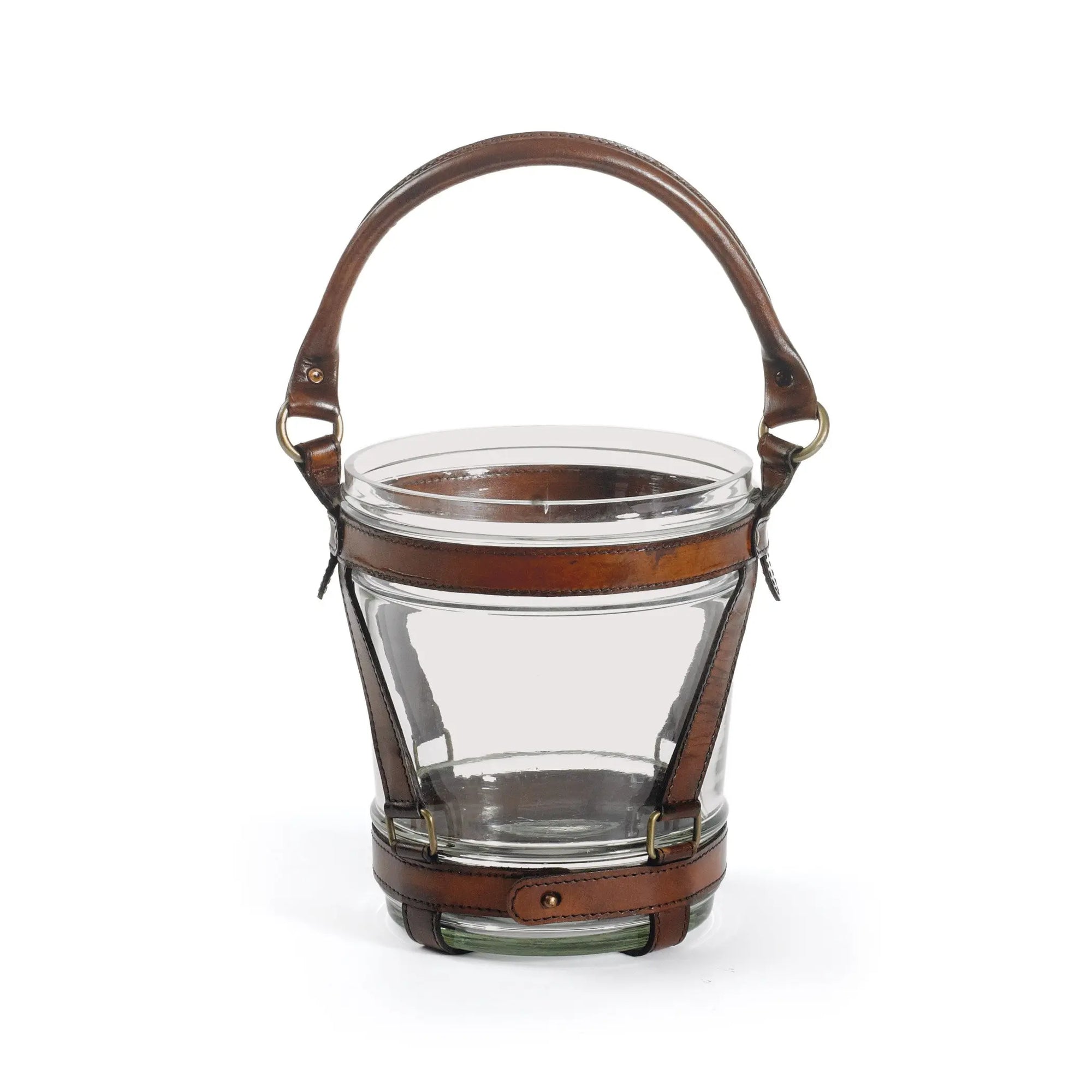 A brown leather-strapped wine cooler with a glass body and brass accents.