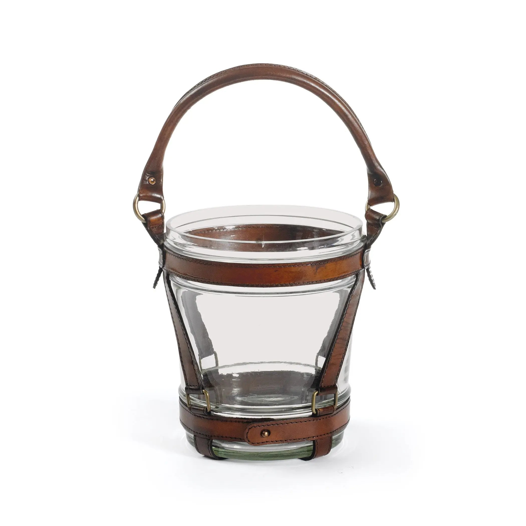 A brown leather-strapped wine cooler with a glass body and brass accents.