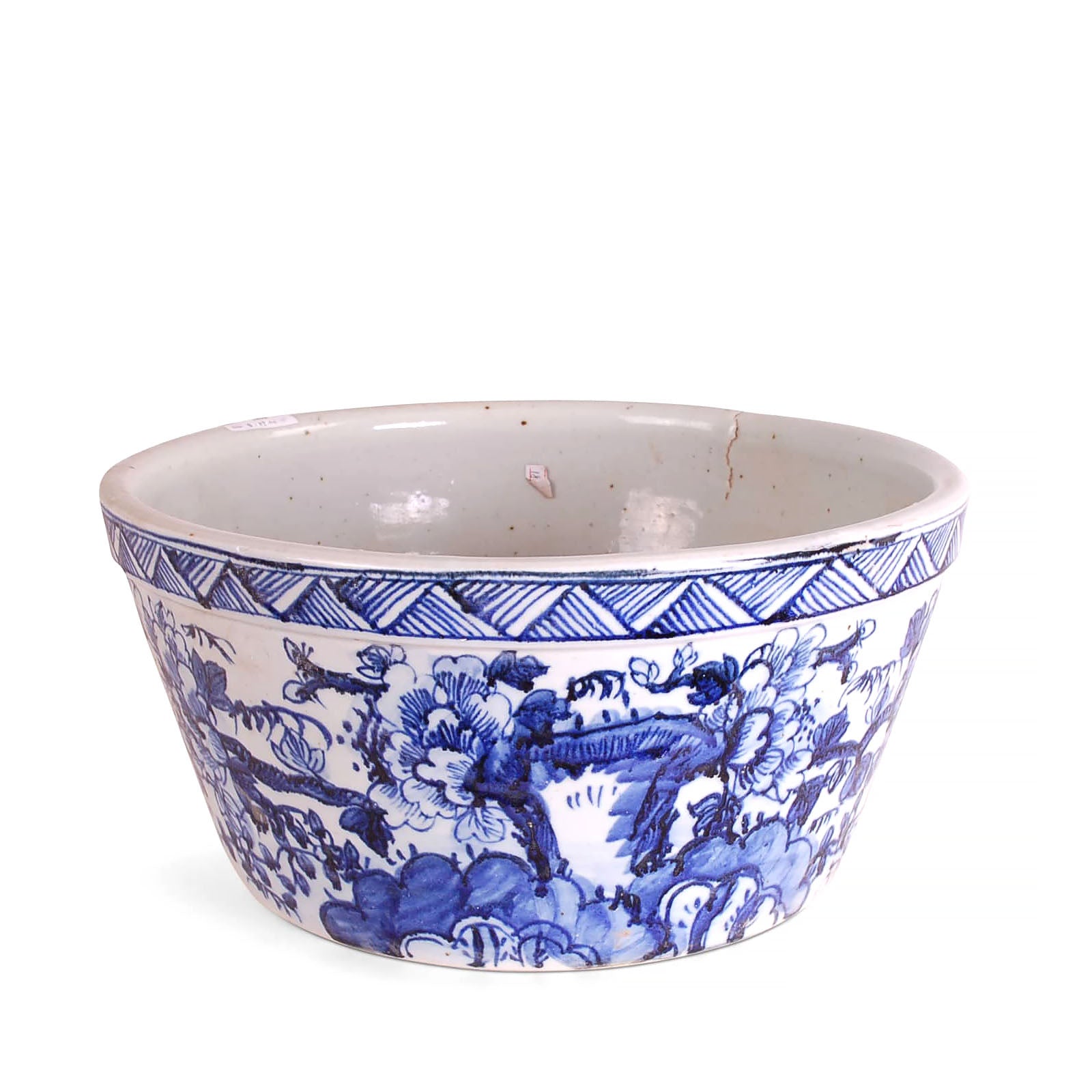 15″ Foot-stomped Blue and White Bird and Flower Planter