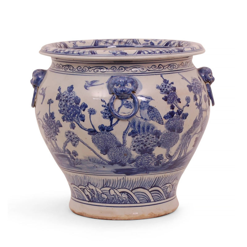 16″ Blue and White Bird and Flowers Planter