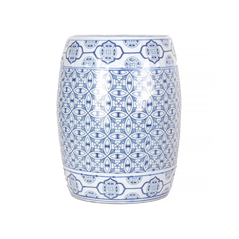 Decorative ceramic stool with blue and white geometric pattern on a white background