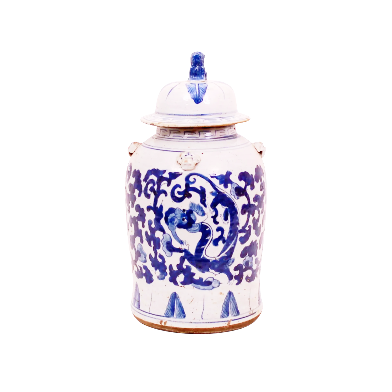 Ceramic jar with blue dragon design on a white background