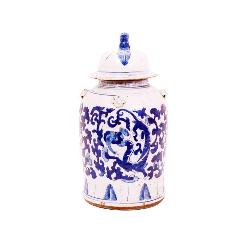 Ceramic jar with blue dragon design on a white background