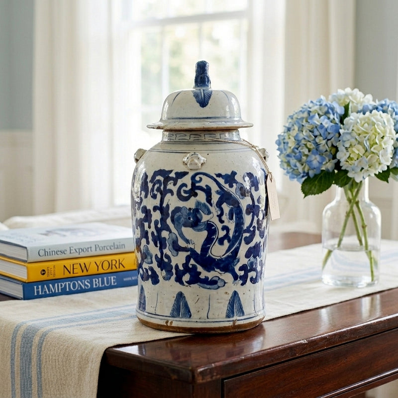 18″ Foot-stomped Blue and White Dragon Jar, Small