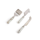 Set of three cheese tools with marble handles on a white background