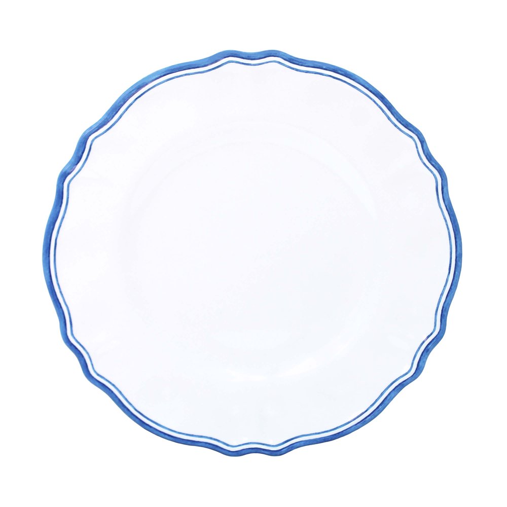 Round blue border white melamine plate on a white background