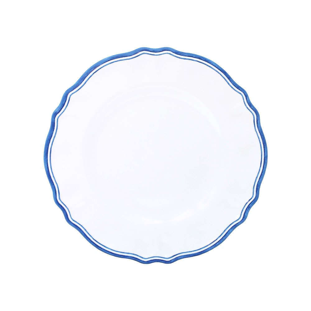 Round white melamine salad plate with blue rim on a white background