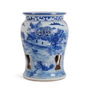 Blue and white ceramic garden stool with intricate designs on a white background