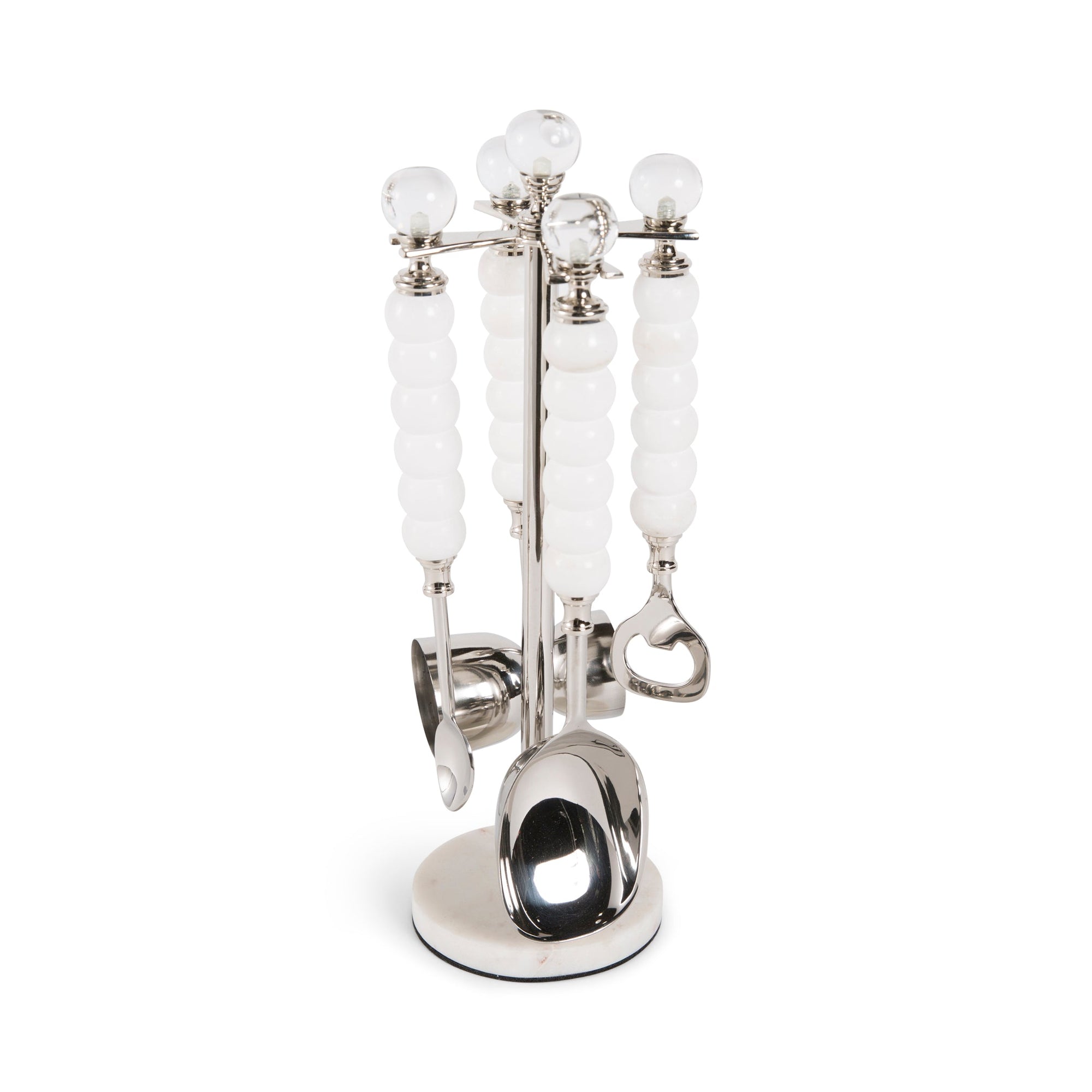 4 bar tools with marble handles hanging from a stand