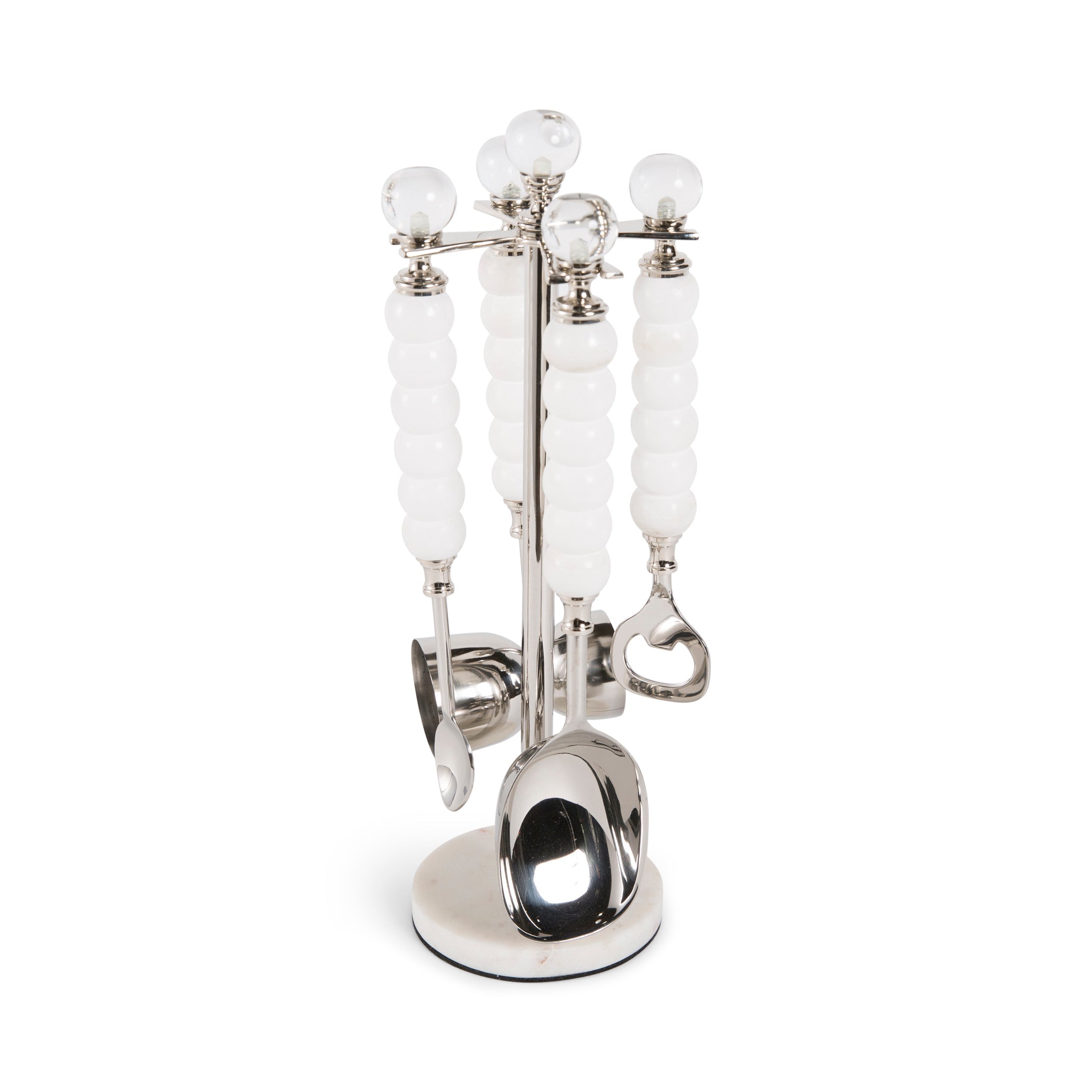 4 bar tools with marble handles hanging from a stand