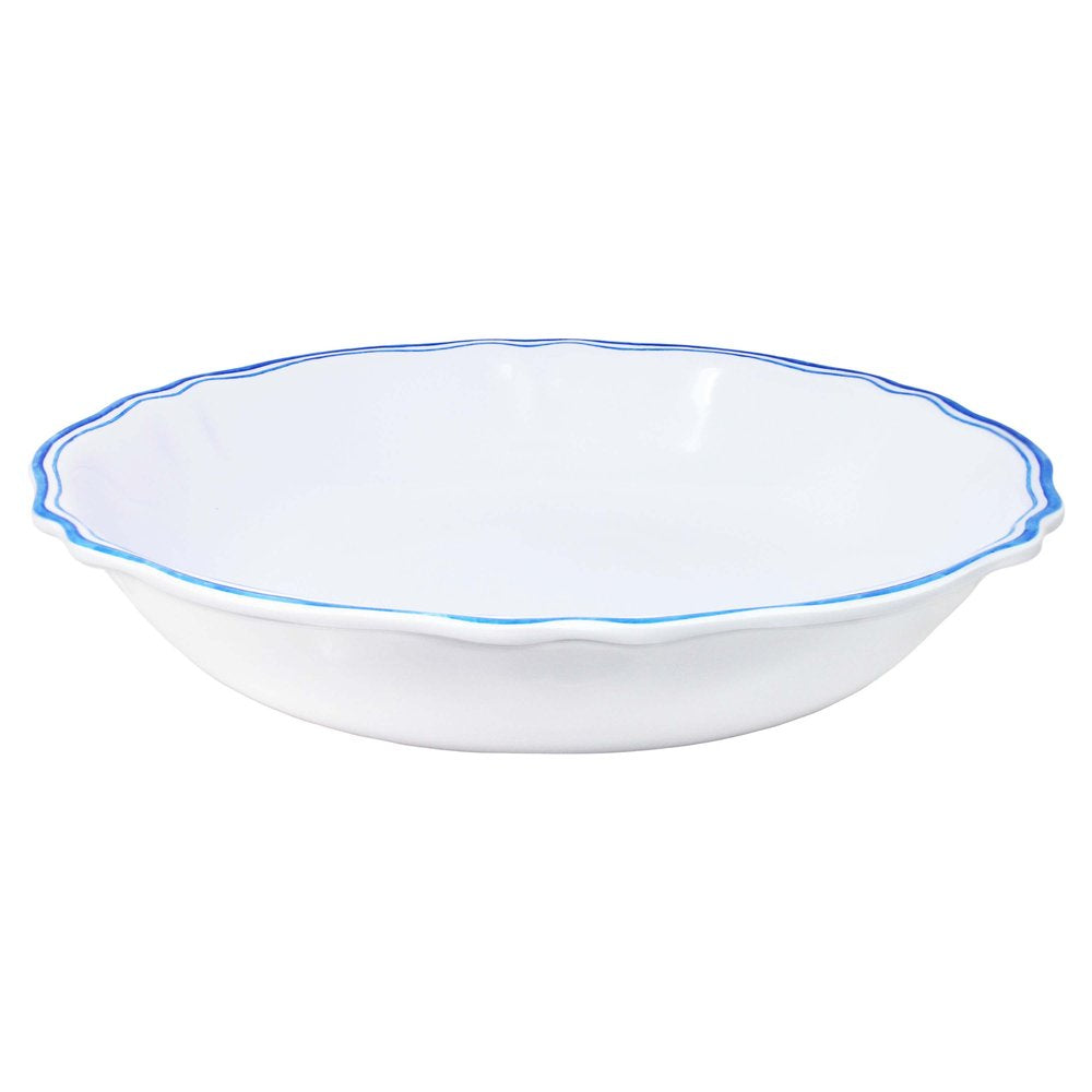 White melamine large salad bowl with blue rim on a white background