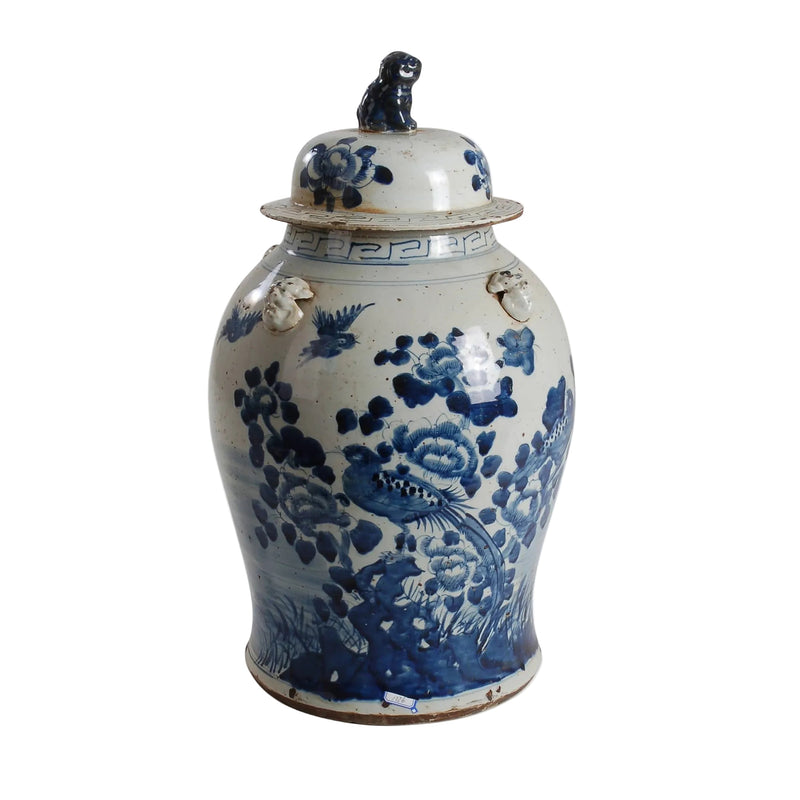 23″ Foot-stomped Blue and White Bird and Flower Ginger Jar, Extra Large