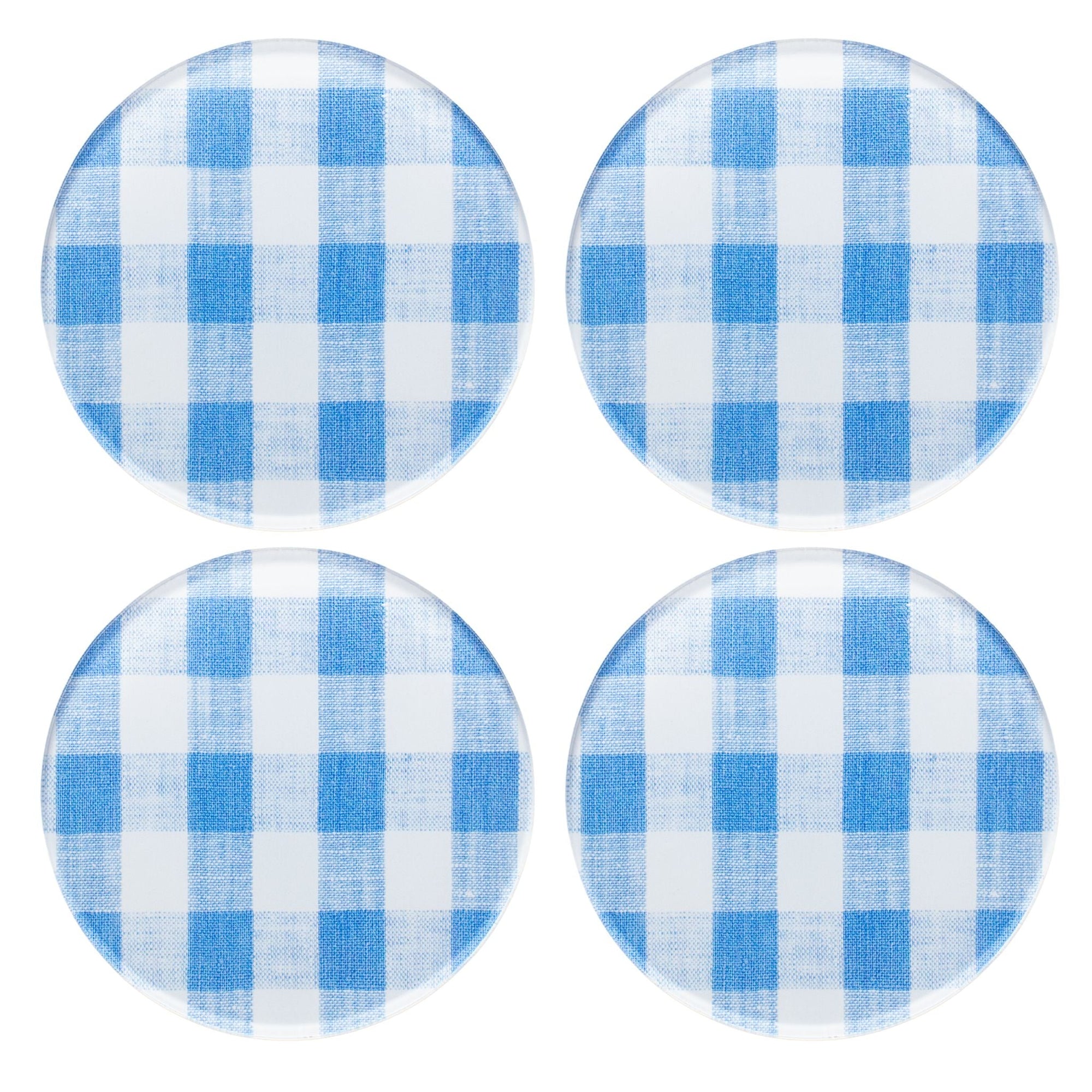 Four blue and white checkered circular coasters on a white background