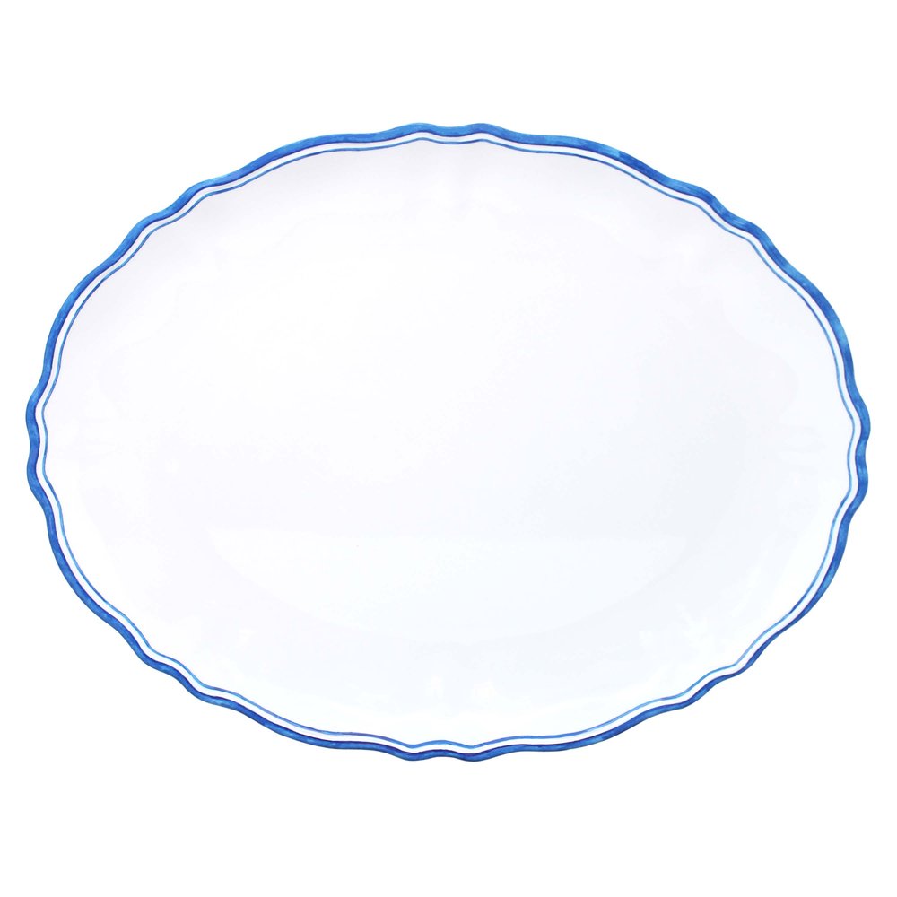 Round white melamine platter with a blue rim on a white background