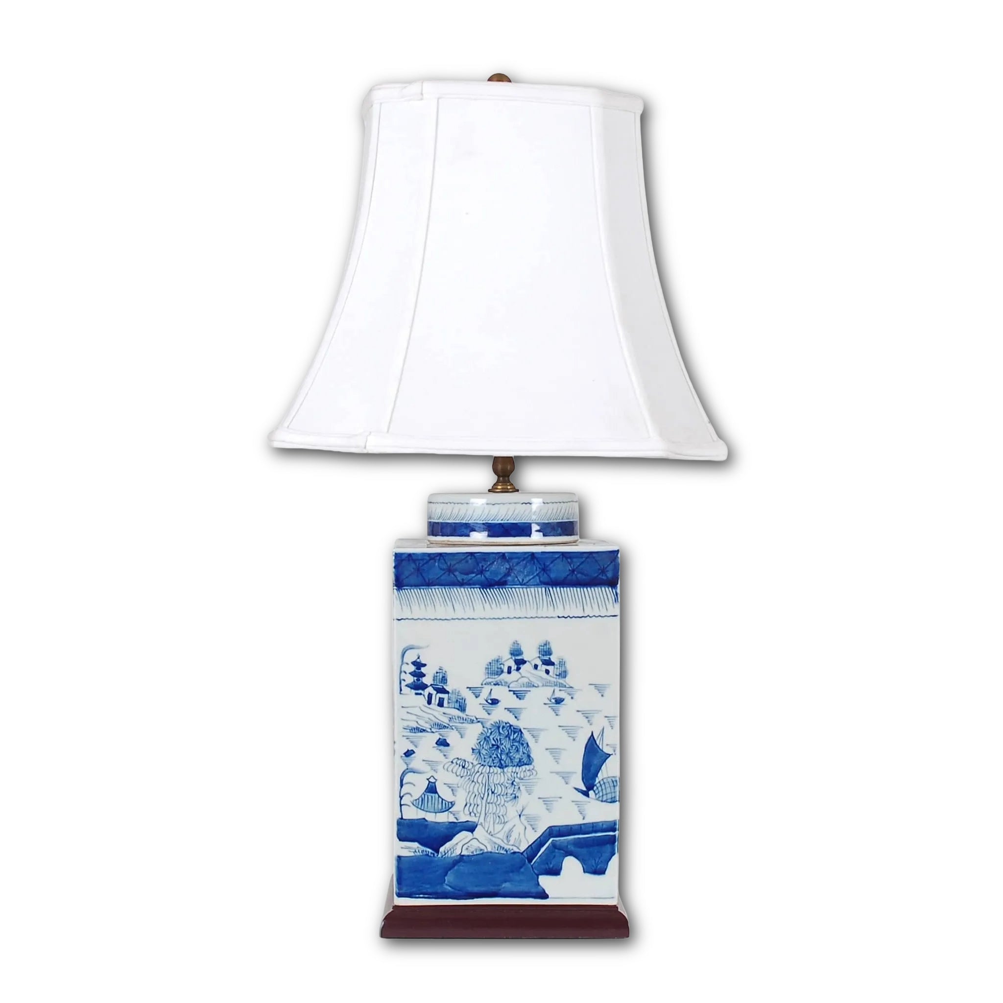 27″ Blue and White Square Tea Caddie Lamp on Wood Base