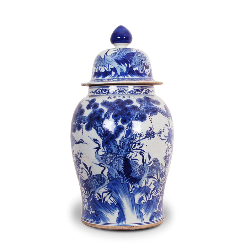 28″ H Blue and White Crane Jar