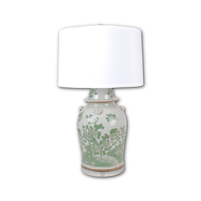 29″ Foot-stomped Green and White Bird and Flower Ginger Jar Lamp on Acrylic Base