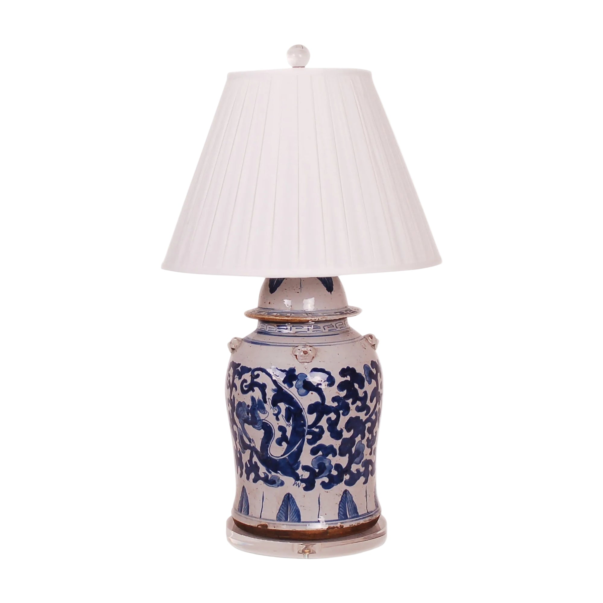 30″ Foot-stomped Blue and White Dragon Ginger Jar Lamp on Acrylic Base, English Pleated Shade