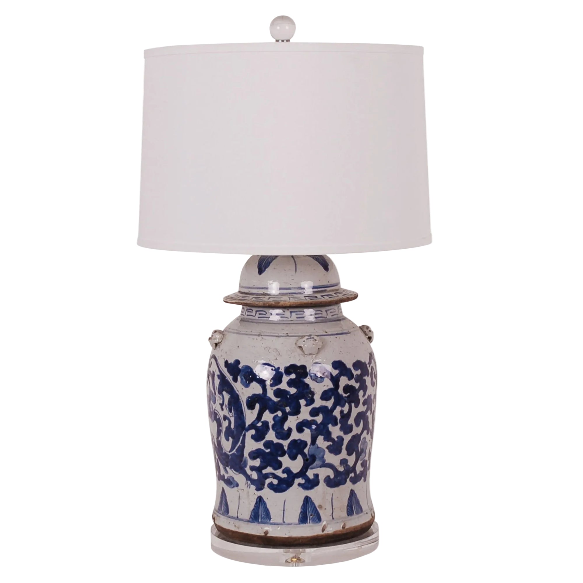 30″ Foot-stomped Blue and White Dragon Ginger Jar Lamp on Acrylic Base
