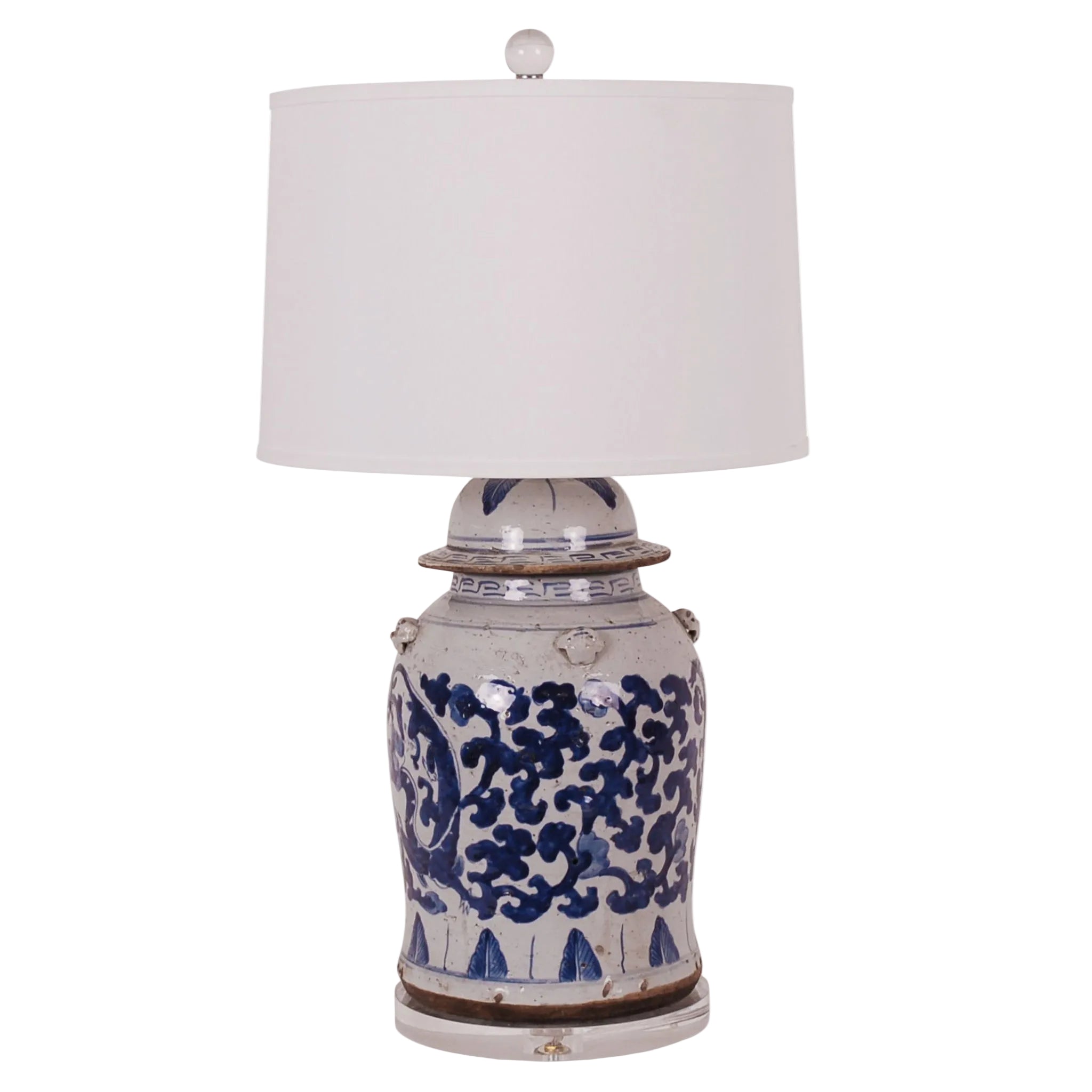 30″ Foot-stomped Blue and White Dragon Ginger Jar Lamp on Acrylic Base