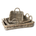 Set of 3 woven baskets (small, medium, large) with handles on a white background