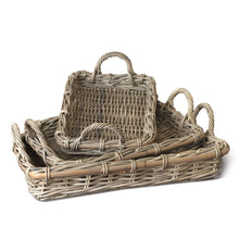 Set of 3 woven baskets (small, medium, large) with handles on a white background