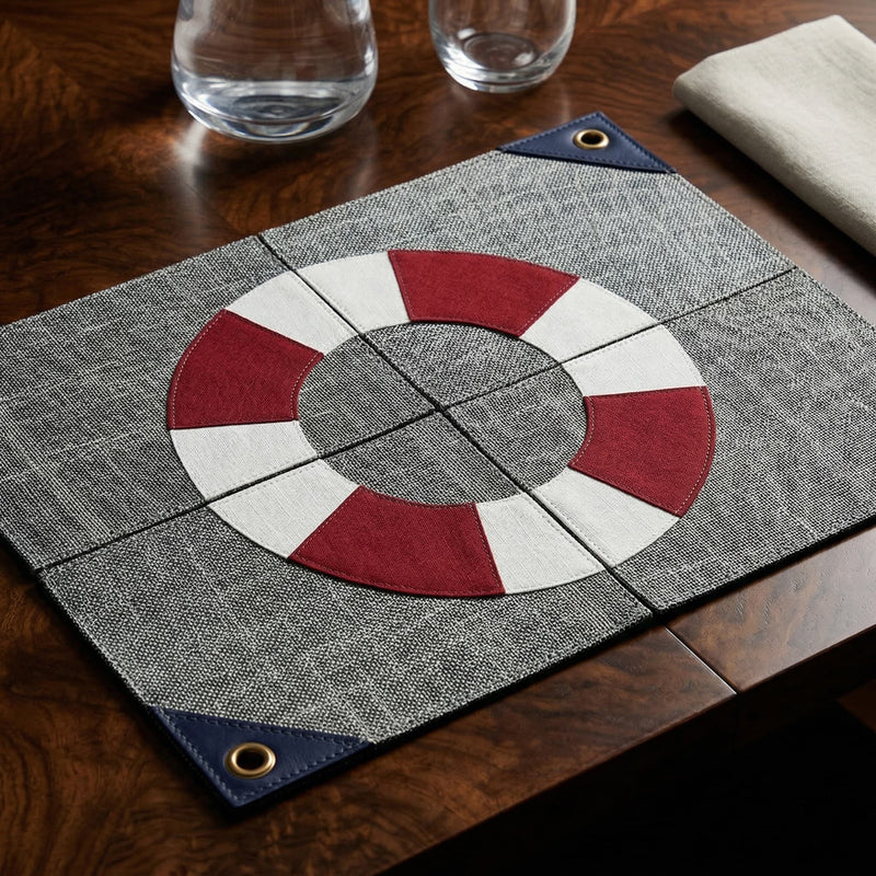 Placemat with red, white, and gray circular design on a wooden table.