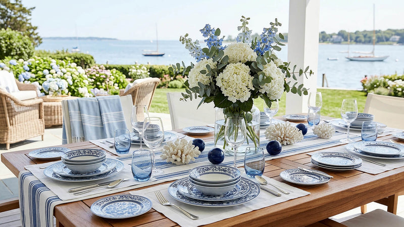 Dining table set for a meal with floral centerpiece by the water