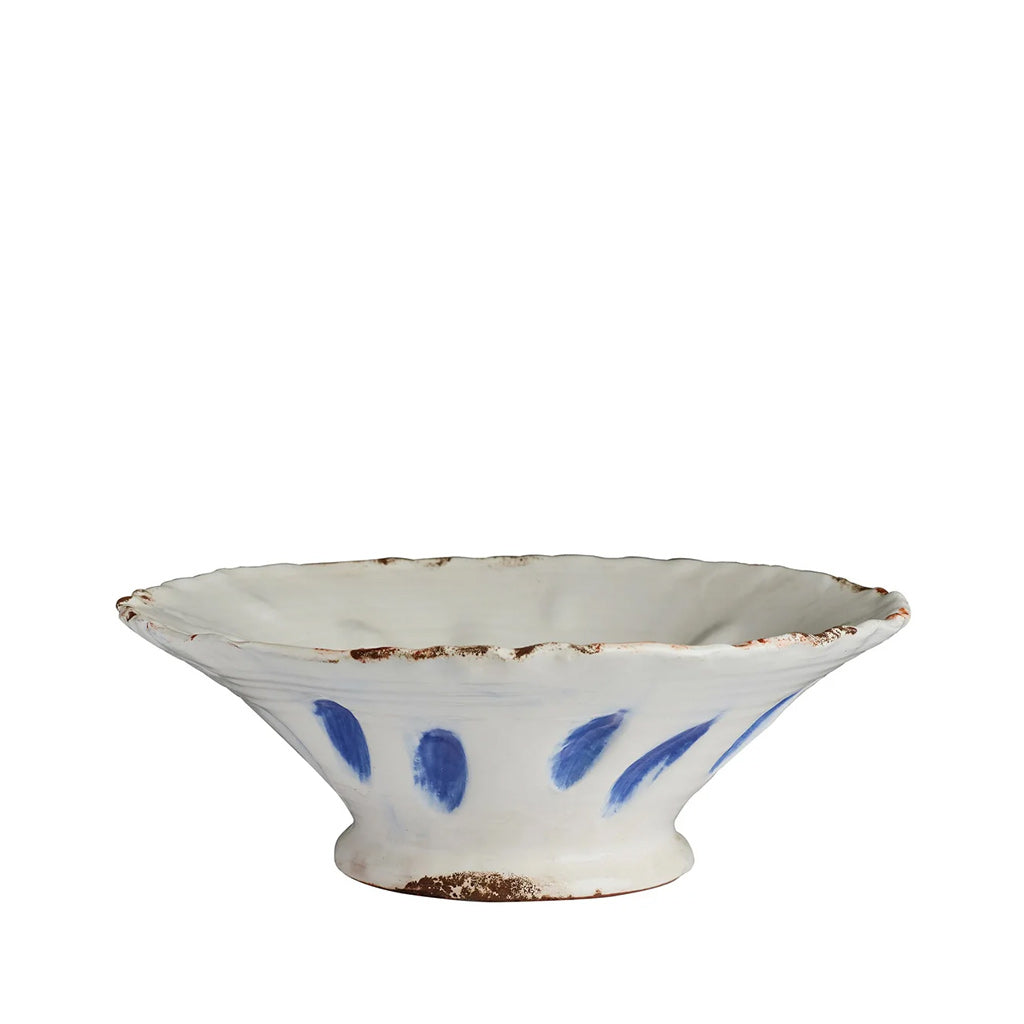 White ceramic bowl with blue accents on a white background