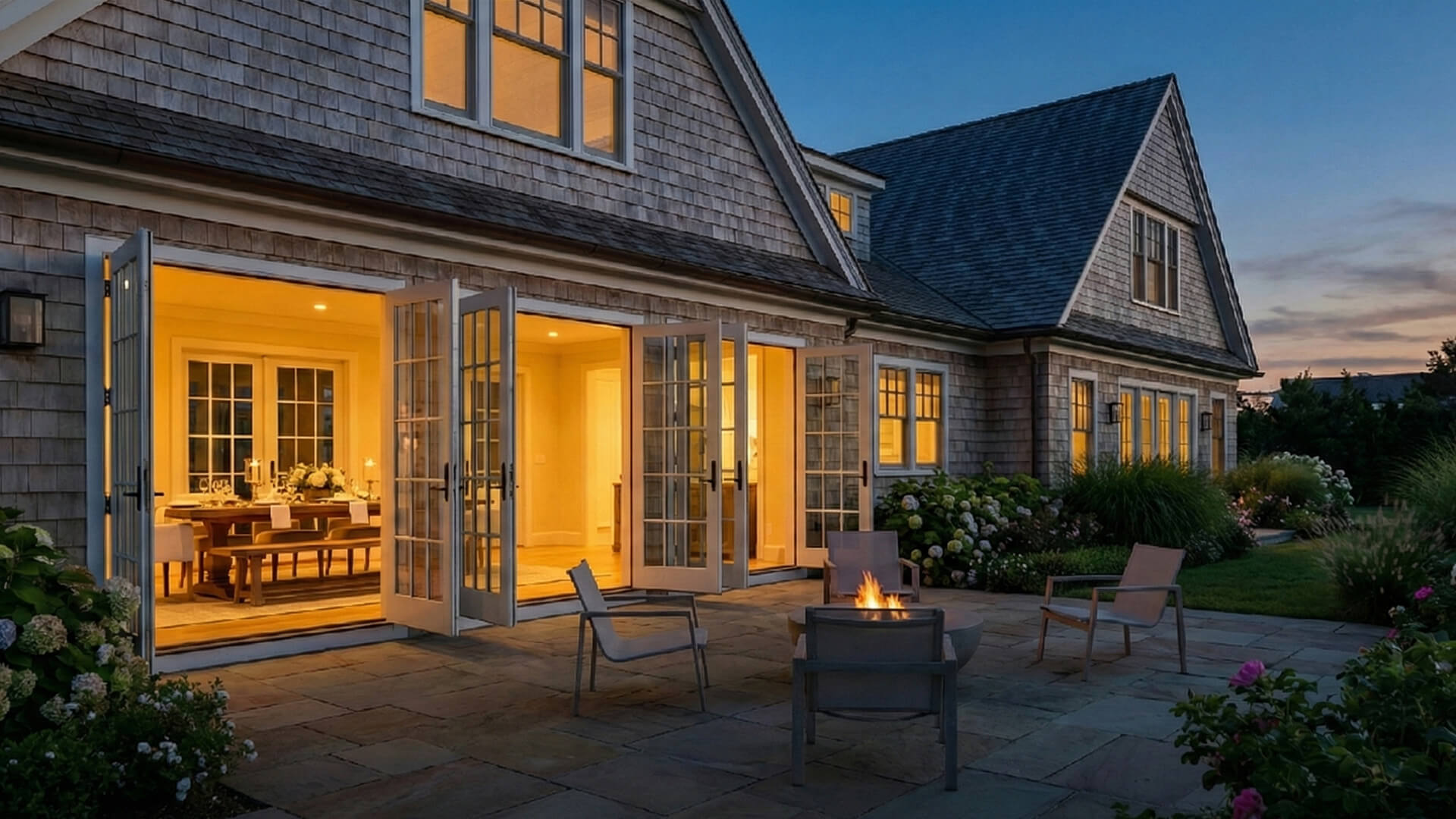 Evening view of a house with open doors and a fire pit in the backyard.