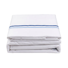 Folded gray bed sheet with blue stripes on a white background