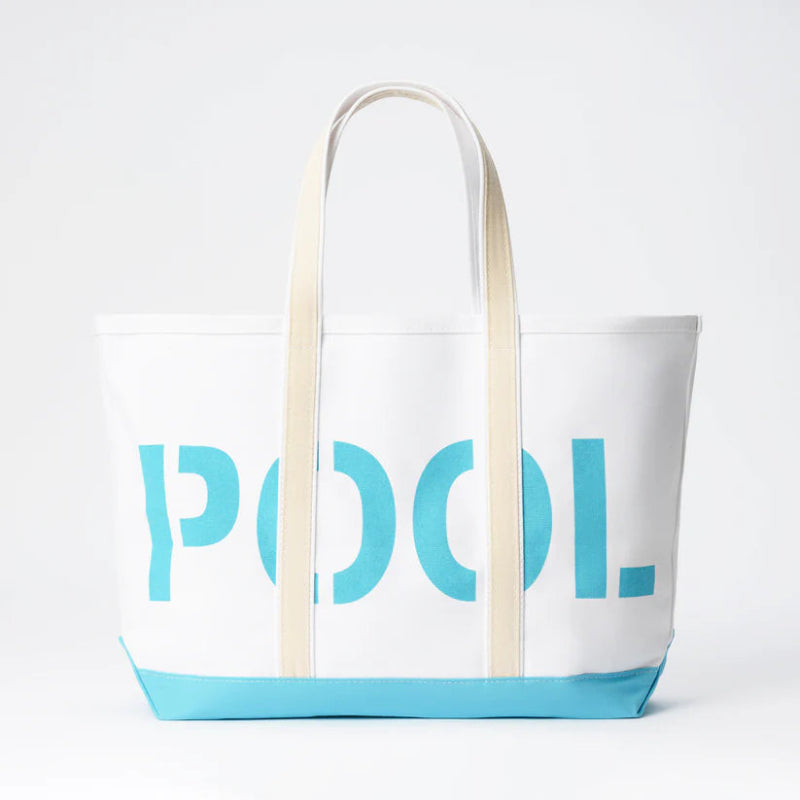 White tote bag with blue text and trim on a white background