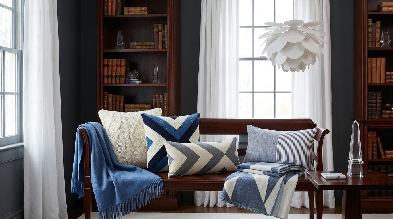 Living room with a wooden bench, cushions, and books on shelves.