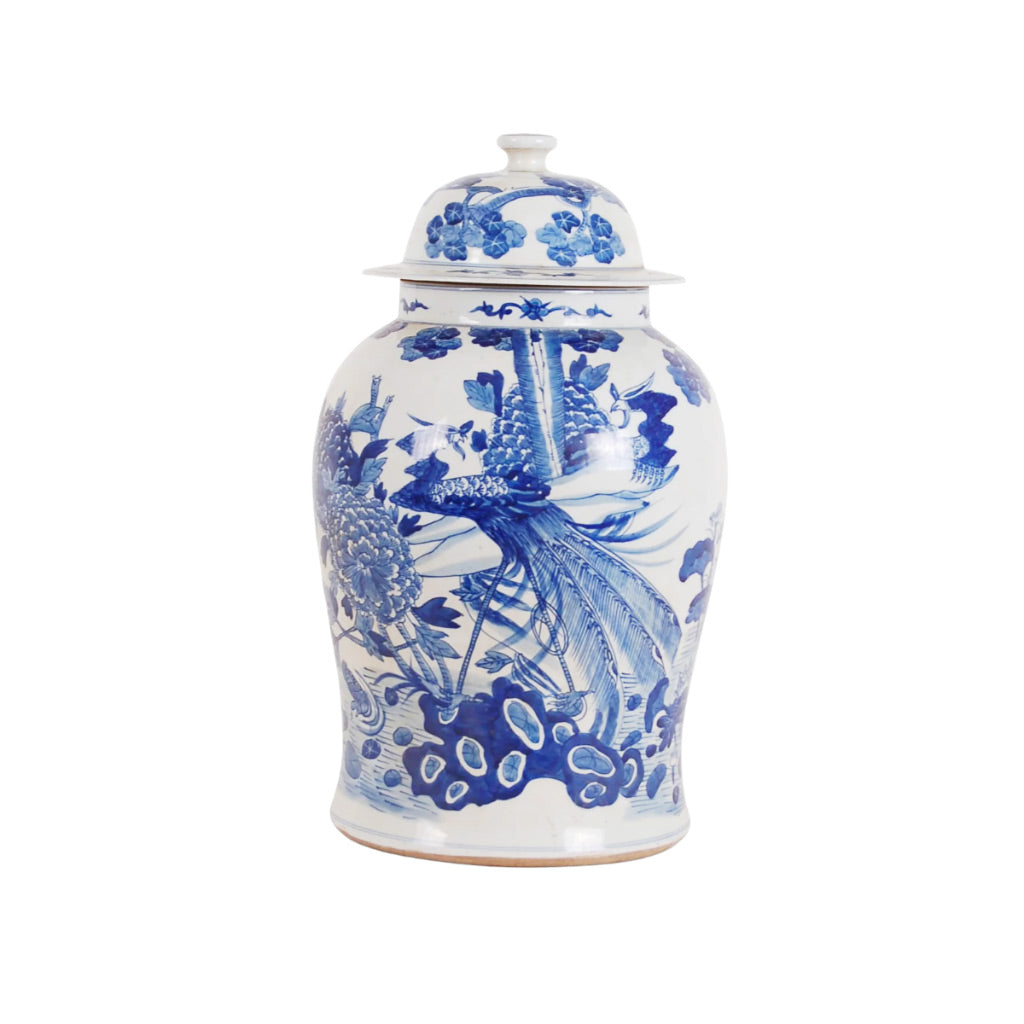 19″ Blue and White Peacock Ginger Jar